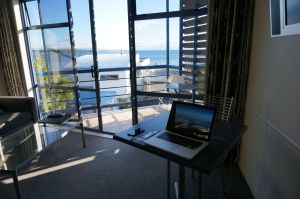 View through window onto Lake Taupo